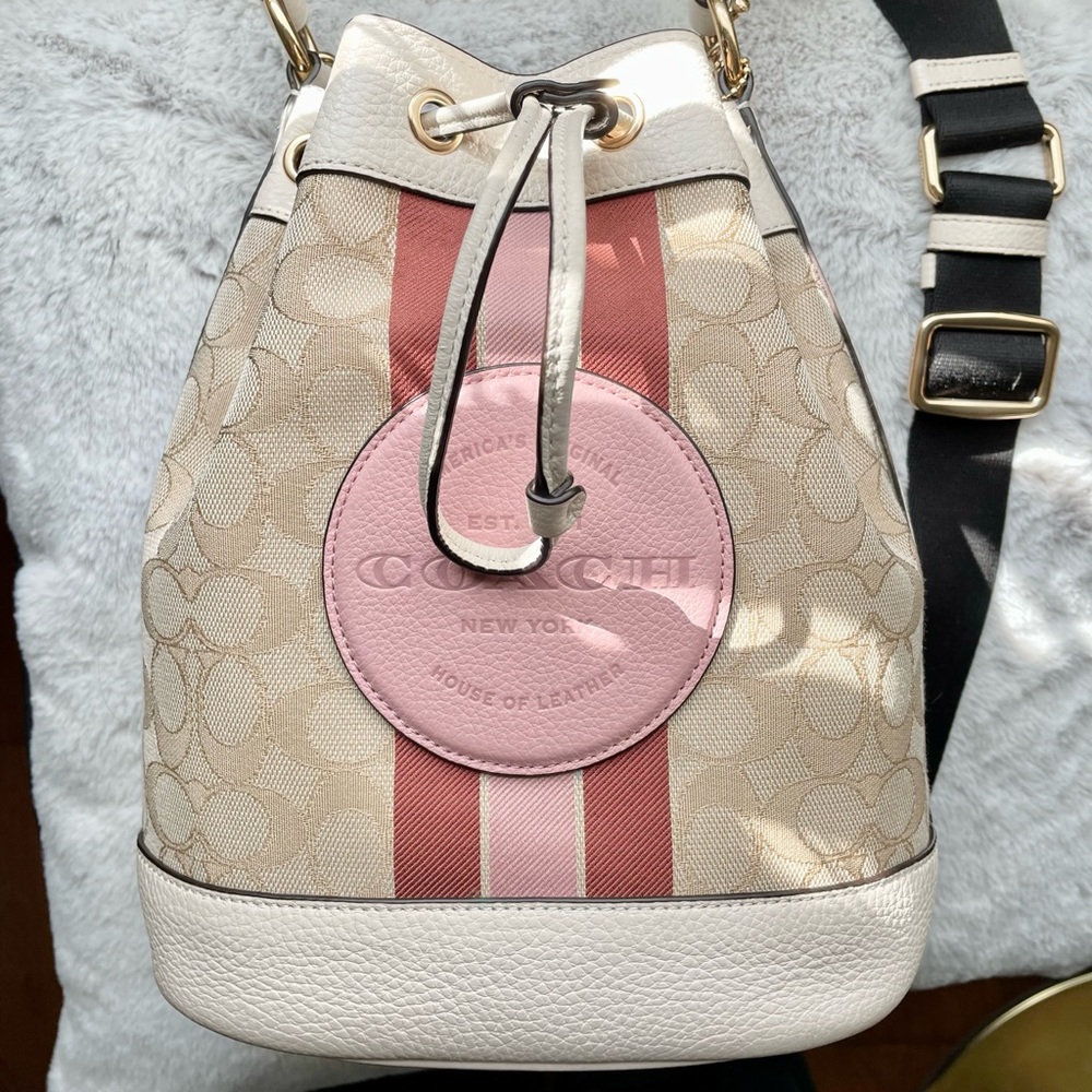 Dempsey Drawstring Bucket Bag In Signature Jacquard With Stripe And Coach Patch